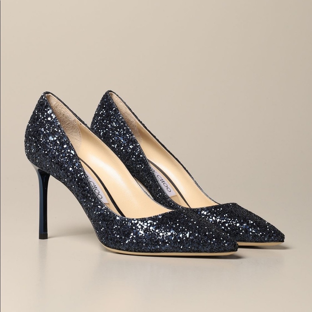 Jimmy Choo ROMY 85 heels with Navy / Black Glitters - size 36.5, worn once